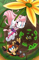 Size: 3300x5100 | Tagged: safe, artist:chibi-jen-hen, mighty the armadillo, ray the flying squirrel, oc, oc:crystal the cat, cat, sonic heroes, 2023, abstract background, clenched teeth, falling, flower, frog forest, frown, holding something, mouth open, nervous, open smile, outdoors, smile, trio