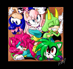 Size: 1300x1228 | Tagged: safe, artist:chibi-jen-hen, oc, oc:crystal the cat, oc:emerald the iguana, oc:jade the cat, oc:ruby the racoon, oc:sapphire the butterfly, cat, hedgehog, lizard, raccoon, 2009, box, butterfly, eye clipping through clothes, group, iguana, inside a box, signature