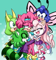 Size: 2000x2157 | Tagged: safe, artist:chibi-jen-hen, oc, oc:crystal the cat, oc:emerald the iguana, oc:jade the cat, oc:ruby the racoon, oc:sapphire the butterfly, cat, lizard, raccoon, 2021, blushing, butterfly, clenched teeth, cute, eyes closed, flying, gradient background, group, group hug, happy, hugging, iguana, looking at them, mouth open, ocbetes, one eye closed, open smile, signature, smile, standing, standing on one leg