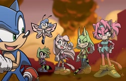 Size: 5100x3300 | Tagged: safe, artist:chibi-jen-hen, sonic the hedgehog, oc, oc:crystal the cat, oc:emerald the iguana, oc:jade the cat, oc:ruby the racoon, oc:sapphire the butterfly, cat, hedgehog, lizard, raccoon, sonic forces, 2018, abstract background, butterfly, flying, group, headset, iguana, looking at each other, looking at them, looking back, looking back at them, looking over shoulder, mid-air, mouth open, open smile, outdoors, running, signature, smile, smiling at each other, smoke, standing, thumbs up