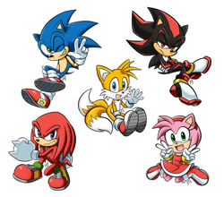 Size: 1024x901 | Tagged: safe, artist:chibi-jen-hen, amy rose, knuckles the echidna, miles "tails" prower, shadow the hedgehog, sonic the hedgehog, 2018, arms folded, double v sign, group, kneeling, legs crossed, lidded eyes, looking at viewer, mouth open, open smile, signature, simple background, sitting, smile, smiling at viewer, standing, v sign, waving, white background, wink