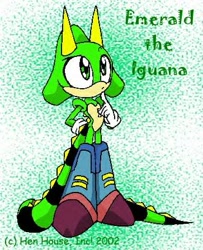 Size: 363x448 | Tagged: safe, artist:chibi-jen-hen, oc, oc:emerald the iguana, lizard, 2004, abstract background, boots, character name, finger under chin, hand behind back, iguana, looking offscreen, oc only, solo, standing