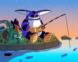 Size: 1264x1012 | Tagged: safe, artist:jcr3ative, big the cat, oc, oc:lasai the iguana, cat, lizard, 2025, abstract background, belt, bracelet, duo, fish, fishing, fishing pole, flower, grass, iguana, lidded eyes, literal animal, looking at something, lying down, lying on front, outdoors, relaxing, rock, sitting, star (sky), sunset, water