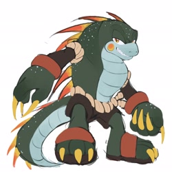 Size: 2048x2048 | Tagged: safe, artist:qkora01, oc, oc:shades the iguana, 2023, claws, clenched teeth, clothes, iguana, lidded eyes, looking at viewer, oc only, sandals, sharp teeth, shorts, simple background, smile, smiling at viewer, solo, standing, white background