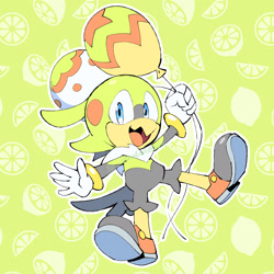 Size: 1933x1933 | Tagged: safe, artist:drawloverlala, oc, oc:lemon the cockatiel, bird, 2025, abstract background, balloon, cockatiel, flat colors, fruit, holding something, lemon, looking at viewer, mid-air, mouth open, oc only, open smile, outline, signature, smile, smiling at viewer, solo, watermark