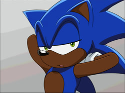 Size: 1021x763 | Tagged: safe, editor:blackeditsgalore, sonic the hedgehog, 2025, black edit, dark skin, edit, edited screencap, solo, sonic x