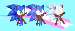 Size: 1735x721 | Tagged: safe, artist:chaosspear, sonic the hedgehog, 2022, abstract background, cheek fluff, crystal coat, cute, dark skin, looking offscreen, mouth open, one fang, open smile, signature, smile, solo