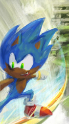 Size: 772x1364 | Tagged: safe, artist:chaosspear, sonic the hedgehog, sonic unleashed, 2019, abstract background, cheek fluff, cute, dark skin, lineless, looking offscreen, mouth open, one fang, open smile, rail grinding, railing, smile, solo