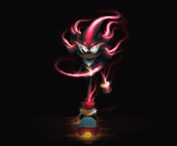 Size: 1249x1034 | Tagged: safe, artist:chaosspear, shadow the hedgehog, 2019, beanbrows, black background, cheek fluff, dark skin, frown, gloves off, glowing, simple background, solo, standing