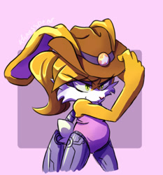 Size: 744x797 | Tagged: safe, artist:chaosspear, bunnie rabbot, 2020, abstract background, cowboy hat, cyborg, eye clipping through hair, eyebrow clipping through hair, hat, looking offscreen, pink nose, smile, solo, standing