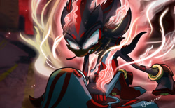Size: 1475x906 | Tagged: safe, artist:chaosspear, eclipse the darkling, shadow the hedgehog, 2020, abstract background, chaos energy, crying, dark skin, duo, fight, headcanon, looking at them, mouth open, pinning them, signature, tears, tears of anger