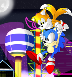 Size: 2000x2124 | Tagged: safe, artist:galoiran, artist:vectormuffin, miles "tails" prower, sonic the hedgehog, casino night zone, sonic the hedgehog 2, 2012, abstract background, classic sonic, classic tails, duo, flying, holding hands, light, moon, nighttime, outdoors, smile, spinning tails, star (sky)