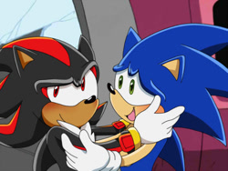 Size: 1000x750 | Tagged: safe, artist:xcustardopossumx, shadow the hedgehog, sonic the hedgehog, 2021, blushing, duo, edit, edited screencap, fake screenshot, gay, holding each other, screenshot background, shadow x sonic, shipping, smile, sonic x, sonic x style, tan skin