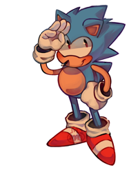 Size: 760x950 | Tagged: safe, artist:chapalapachalalmao, sonic the hedgehog, sonic mania, 2018, blushing, classic sonic, hand on hip, salute, signature, simple background, smile, solo, standing, white background
