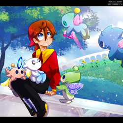 Size: 2200x2200 | Tagged: safe, artist:keary, chris thorndyke, chao, human, 2021, abstract background, alternate universe, au:eggman's son, chaos emerald, chrisabetes, cute, flying, grass, group, hero chao, holding something, outdoors, signature, sitting, sonic x, tree