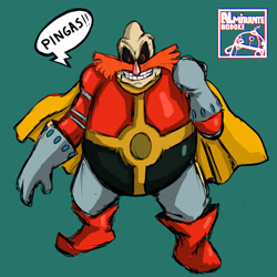 Size: 1280x1280 | Tagged: safe, artist:almirantebodoke, robotnik, human, adventures of sonic the hedgehog, 2024, black sclera, clenched fist, dialogue, green background, looking at viewer, meme, pingas, simple background, smile, smiling at viewer, solo, standing