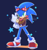 Size: 1100x1170 | Tagged: safe, artist:sonicspeedz, sonic the hedgehog, 2018, alternate universe, au:pilot, aviator jacket, bandaid, bandaid on knee, bandaid over nose, bandana, blue background, clothes, eyewear on head, fanfiction art, goggles, goggles on head, looking offscreen, obtrusive watermark, outline, signature, simple background, smile, solo, sparkles, standing, star (symbol), watermark, white outline