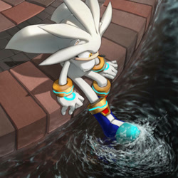 Size: 800x800 | Tagged: safe, artist:inualet, silver the hedgehog, hedgehog, 2017, bricks, kicking, male, sitting, solo, water
