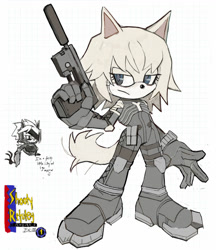 Size: 1280x1479 | Tagged: safe, artist:shootyrefutey, cat, 2024, crossover, cyborg, eyepatch, gun, male, metal gear, metal gear rising revengeance, metal gear solid 2, mobianified, raiden, self paradox, simple background, sneaking suit, solo, tactical gear, white background