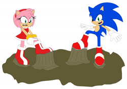 Size: 2168x1530 | Tagged: safe, artist:mallum153, amy rose, sonic the hedgehog, hedgehog, blue, boots, brown, brown mega muck, brownmegamuck, dress, female, gloves, glue, green eyes, male, mega muck, megamuck, mouth open, mouths open, pink, puddle, red, rings, shocked, shocked face, soinc, sonic should wear boots from now on, sonicshouldwearbootsfromnowon, sticky, stickysituation, struggle, struggling, stuck, stuck boots, stuckboots, white
