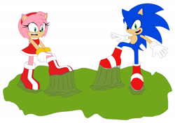 Size: 2168x1530 | Tagged: safe, artist:mallum153, amy rose, sonic the hedgehog, hedgehog, blue, boots, dress, female, gloves, glue, green, green eyes, green mega muck, greenmegamuck, make, mega muck, megamuck, mouth open, mouths open, pink, puddle, red, rings, shocked, shocked face, soinc, sonic should wear boots from now on, sonicshouldwearbootsfromnowon, sticky, stickysituation, struggle, struggling, stuck, stuck boots, stuckboots, white
