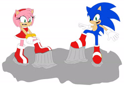 Size: 2168x1530 | Tagged: safe, artist:mallum153, amy rose, sonic the hedgehog, hedgehog, blue, boots, dress, female, gloves, glue, green eyes, grey, grey mega muck, greymegamuck, male, mega muck, megamuck, mouth open, mouths open, pink, puddle, red, rings, shocked, shocked face, soinc, sonic should wear boots from now on, sonicshouldwearbootsfromnowon, sticky, stickysituation, struggle, struggling, stuck, stuck boots, stuckboots, white