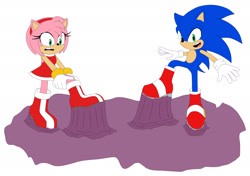Size: 2168x1530 | Tagged: safe, artist:mallum153, amy rose, sonic the hedgehog, hedgehog, blue, boots, dress, female, gloves, glue, green eyes, male, mega muck, megamuck, mouth open, mouths open, pink, puddle, purple, purple mega muck, purplemegamuck, red, rings, shocked, shocked face, soinc, sonic should wear boots from now on, sonicshouldwearbootsfromnowon, sticky, stickysituation, struggle, struggling, stuck, stuck boots, stuckboots, white