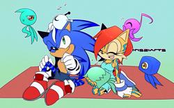Size: 1709x1068 | Tagged: safe, artist:risziarts, jade wisp, sally acorn, sonic the hedgehog, wisp, chipmunk, hedgehog, alternate outfit, au:sonic world travel, blanket, blue power pattern, blue wisp, celebration, cyan power pattern, cyan wisp, date, magenta wisp, picnic, sally x sonic, shipping, straight, white wisp