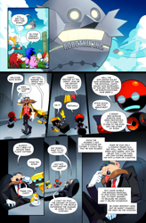 Size: 1869x2851 | Tagged: safe, artist:drawloverlala, amy rose, cubot, knuckles the echidna, miles "tails" prower, orbot, robotnik, sally acorn, sonic the hedgehog, chipmunk, echidna, fox, hedgehog, human, hybrid, comic:sonic world travel, angel island, au:sonic world travel, blue power pattern, cape, chair, cyan power pattern, death egg, desk, eggmobile, gray power pattern, kitsune, office, pink power pattern, red power pattern, robot, sign, tablet, tea, yellow power pattern