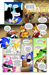 Size: 1832x2795 | Tagged: safe, artist:drawloverlala, bernadette hedgehog, charmy bee, espio the chameleon, jules hedgehog, lady alicia acorn, miles "tails" prower, robotnik, sonic the hedgehog, tribot, vector the crocodile, oc, oc:eggette, oc:mayor roo, bear, bee, chipmunk, crocodile, fox, hedgehog, human, hybrid, squirrel, comic:sonic world travel, green hill zone, au:sonic world travel, blue power pattern, chameleon, chili dog, courtroom, crown, earring, four arms, gray power pattern, green power pattern, handcuffs, holding hands, kangaroo, kitsune, marriage ring, necklace, nigel acorn, police, ring, robot, roboticized, sleeping, sunglasses, wheelchair, yellow power pattern