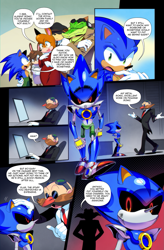 Size: 1715x2616 | Tagged: safe, artist:drawloverlala, metal sonic, robotnik, sonic the hedgehog, vector the crocodile, oc, oc:mayor roo, bear, crocodile, hedgehog, human, rabbit, comic:sonic world travel, au:sonic world travel, blue power pattern, chair, computer, death egg, desk, earring, glasses, gray power pattern, green power pattern, kangaroo, marriage ring, necklace, office, ominous, police, ring, robot, sunglasses, tablet
