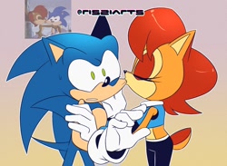 Size: 1398x1022 | Tagged: safe, artist:risziarts, sally acorn, sonic the hedgehog, kiss on cheek, sally x sonic