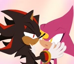Size: 2048x1768 | Tagged: safe, artist:kirby64star, espio the chameleon, shadow the hedgehog, 2025, duo, gay, hand on another's face, lidded eyes, looking at each other, mouth open, shadpio, shipping, simple background