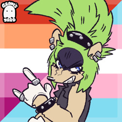 Size: 600x600 | Tagged: safe, artist:graves-yard, surge the tenrec, 2025, devil horns (gesture), icon, lesbian, lesbian pride, looking at viewer, pride, pride flag, pride flag background, smile, solo, trans female, trans pride, transbian, transbian pride, transgender