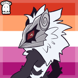 Size: 600x600 | Tagged: safe, artist:graves-yard, infinite the jackal, 2025, arm fluff, gender swap, icon, infinite's mask, lesbian, lesbian pride, looking at viewer, looking back, looking back at viewer, pride, pride flag, pride flag background, solo