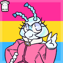 Size: 600x600 | Tagged: safe, artist:graves-yard, jewel the beetle, 2025, eyelashes, icon, looking offscreen, pansexual, pansexual pride, pride, pride flag, pride flag background, smile, solo