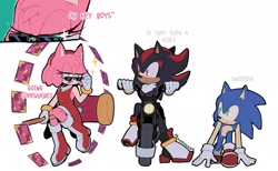 Size: 2268x1400 | Tagged: safe, artist:fravoccado, amy rose, shadow the hedgehog, sonic the hedgehog, hedgehog, card, dialogue, english text, female, male, motorcycle, piko piko hammer, simple background, tarot card, trio, vehicle, white background