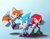 Size: 2048x1617 | Tagged: safe, artist:bluetakrush, knuckles the echidna, miles "tails" prower, sonic the hedgehog, 2025, classic knuckles, classic sonic, classic sonic (universe), classic tails, frown, gradient background, lineless, looking at viewer, looking offscreen, mid-air, mouth open, open smile, signature, smile, standing, team sonic, trio