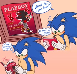 Size: 2048x1975 | Tagged: suggestive, artist:sabbathundead, shadow the hedgehog, sonic the hedgehog, bunny suit, fishnets, playboy, reading, seductive, shadow x sonic, shipping