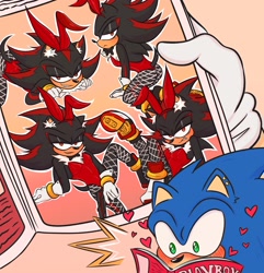 Size: 1975x2048 | Tagged: suggestive, artist:sabbathundead, shadow the hedgehog, sonic the hedgehog, all fours, bunny suit, covering crotch, doggy style, fishnets, gun, hearts, in love, legs spread, playboy, reading, seductive, shadow x sonic, shipping