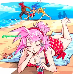 Size: 1212x1238 | Tagged: safe, artist:sparrowcrit, amy rose, knuckles the echidna, miles "tails" prower, sonic the hedgehog, human, beach, bikini, humanized, swimsuit