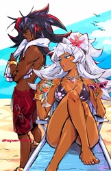 Size: 1183x1826 | Tagged: safe, artist:sparrowcrit, rouge the bat, shadow the hedgehog, human, beach, bikini, humanized, swimsuit