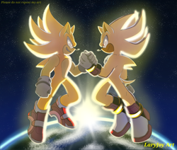 Size: 3195x2703 | Tagged: safe, artist:laryjoy, shadow the hedgehog, sonic the hedgehog, super shadow, sonic adventure 2, 2025, duo, earth, flying, glowing, holding hands, looking at each other, mid-air, planet, signature, smile, smiling at each other, soap shoes, space, star (sky), sun, super form