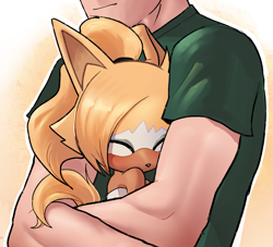 Size: 1983x1798 | Tagged: safe, artist:captainjingo, whisper the wolf, human, wolf, cute, female, hug, human male, male, ponytail