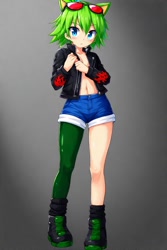 Size: 512x768 | Tagged: safe, ai art, scourge the hedgehog, human, asymmetrical clothes, asymmetrical legwear, blue eyes, boots, glasses, glasses on head, green hair, humanized, jacket, leg warmers, male, official style, shorts, single leg pantyhose, sunglasses