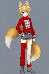 Size: 512x768 | Tagged: safe, ai art, miles (anti-mobius), human, asymmetrical clothes, asymmetrical footwear, humanized, male, official style, shorts, single boot, single thigh boot, sweater, yellow hair