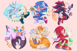 Size: 2048x1362 | Tagged: safe, artist:saberghatz, black doom, knuckles the echidna, miles "tails" prower, rouge the bat, shadow the hedgehog, silver the hedgehog, sonic the hedgehog, chao, 2025, alternate version, chaos emerald, cogwheel, doom's eye, frown, gear, goggles, group, gun, heart, holding something, looking at viewer, master emerald, neutral chao, pink background, psychokinesis, ring, road sign, shadow's logo, shooshing, sign, signature, simple background, smile, v sign, wall of tags, you're too slow