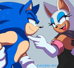 Size: 2885x2678 | Tagged: safe, artist:laryjoy, rouge the bat, sonic the hedgehog, 2025, duo, finger under chin, grey background, lidded eyes, looking at each other, mouth open, open smile, redraw, scarf, signature, simple background, smile, smiling at each other, standing, sweatdrop