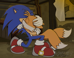 Size: 1900x1512 | Tagged: safe, artist:micazee, miles "tails" prower, sonic the hedgehog, sonic forces, 2024, abstract background, crying, duo, eyes closed, floppy ears, frown, hugging, indoors, signature, tears