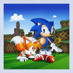Size: 1920x1920 | Tagged: safe, artist:justnav04, miles "tails" prower, sonic the hedgehog, green hill zone, 2023, abstract background, bending over, border, classic sonic, classic style, classic tails, clouds, cute, daytime, duo, flower, grass, headpats, looking at each other, mouth open, open smile, outdoors, signature, smile, smiling at each other, standing, sunflower
